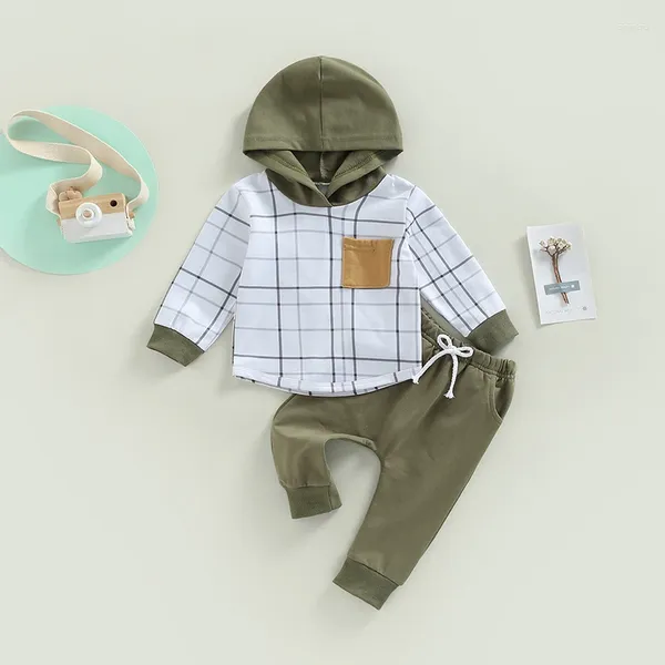 Giyim Setleri 2 PCS Toddler Bebek Erkek Giysileri Ekose Baskı Uzun Kollu Kaput Sweatshirt Elastik Bel Düz Renk Pantolonları Çocuk Bahar Sonbahar Seti