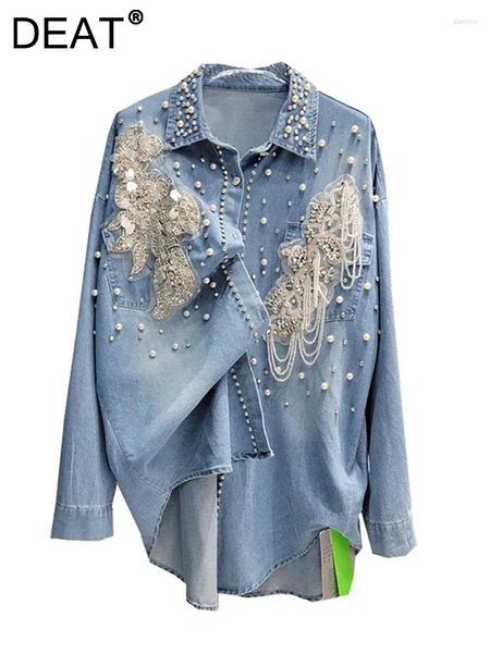 Frauenblusen Denim -Hemd Lose gestickte Fackeln Perlen Blumen Ketten Patchwork dünne Bluse 2024 Sommer Mode 29L7272