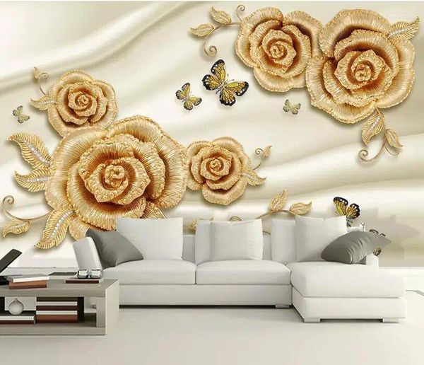 Обои CJSIR индивидуальные личность 3D обои роскошные золотые розы бабочка ювелирные изделия телевизионные стены для стен 3 дня