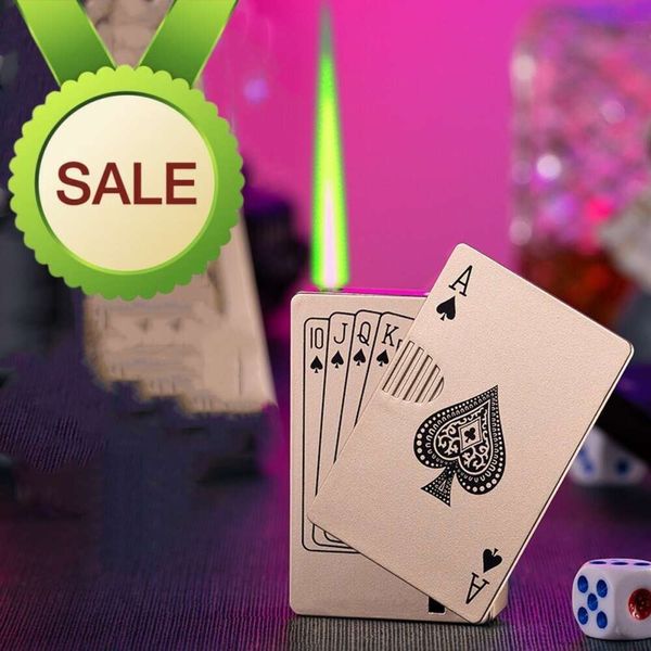 2023 Hot Metal Playing Cards Green Flame Poker Benter Novelaty Lighter Poker Jet Torch Butane без газовых металлов для ветроизрелей для мужчин