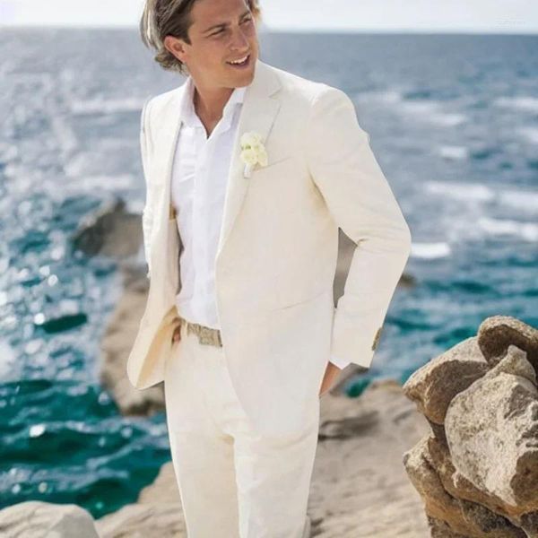 Ternos masculinos Linen Beach Wedding for Men Slim Fit Groom Tuxedo Prom formal 2 peças Jaqueta de moda masculina com calças 2024