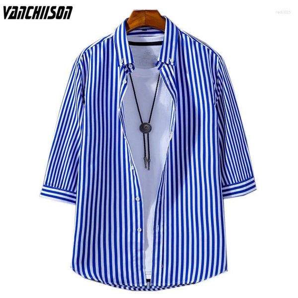 Camicie casual maschile da uomo strisce blu per estate 3/4 maniche maschile in poliestere 00523 00523