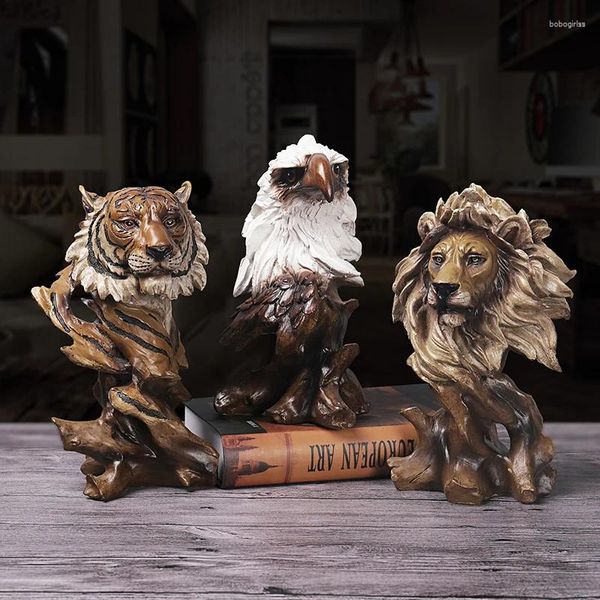 Figurine decorative Art Animal Head Statue Imitazione creativa IMITAZIONE Legno Scultura Figurina Cavallo Figurina Leone Tigre Wolf Eagle Resina Casa Casa