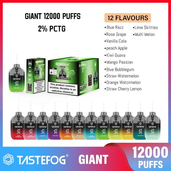 100% оригинальный гигант Tastefog 12000 Puffs 12K Puffs 12 вкуса в складе со светодиодным флэш -светом