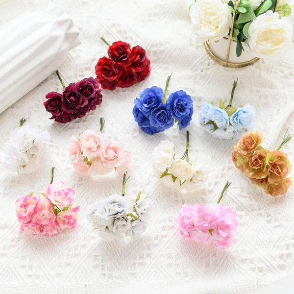 Flores decorativas 6pcs buquê de rosa artificial para grinaldas de casamento artesanato vaso diy home jardim candbook scrapbooking