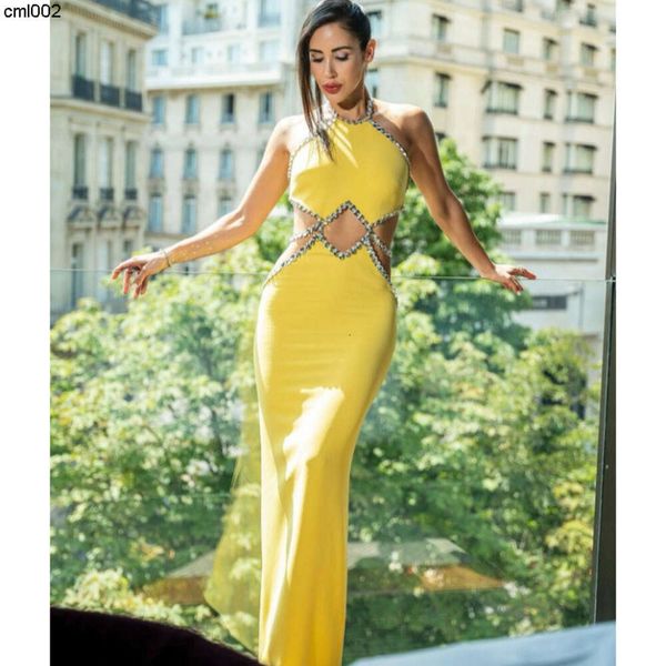 Sexy Scated Out Rhinestone Edging Assuente abito giallo limone giallo abiti da festa alla moda e hot feste QKNQ