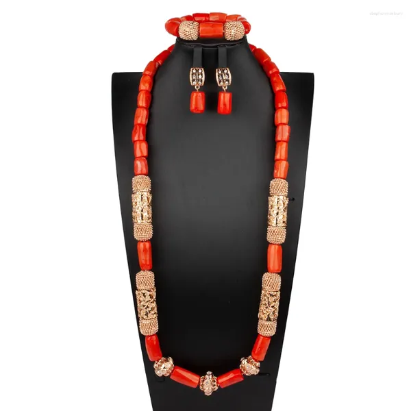 Halskette Ohrringe Set afrikanisches Hochzeitsarmband Korallenperlen natürliche Golden Hohlrohr -Accessorise Mode Schmuck Schmuck