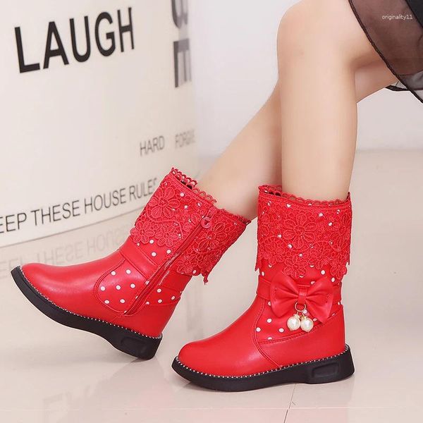 Botas shujin crianças renda arco no meio da calça inverno para meninas princesas a quente sapatos de vestido de vestido preto neve vermelha rosa