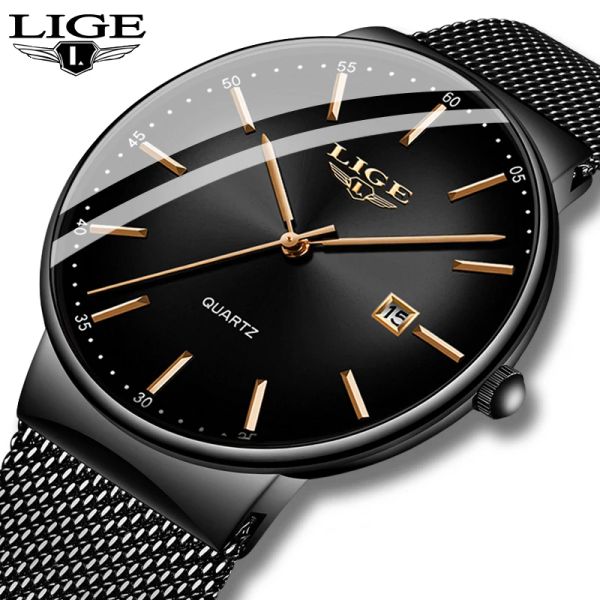 Relógios Lige Mens relógios Moda Ultra Thin Watch Man Data de quartzo de quartzo para homens Relógio masculino Relógio Relógio Masculino