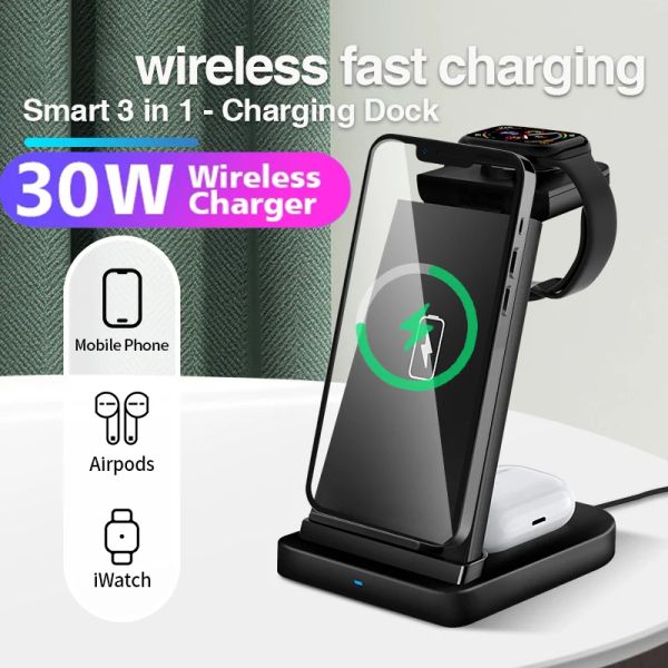 Chargers 30W Wireless Charger Stand para iPhone 13 12 11 xr x 8 Apple Watch 3 em 1 qi Estação de dock de carregamento rápido para airpods pro iwatch 7