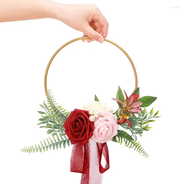 Flores decorativas 1pc Metal Hoops Artificial Flower Rose Garland Home Door pendurada Anéis de grinaldas Ornamento Diy Wedding Party Decoration