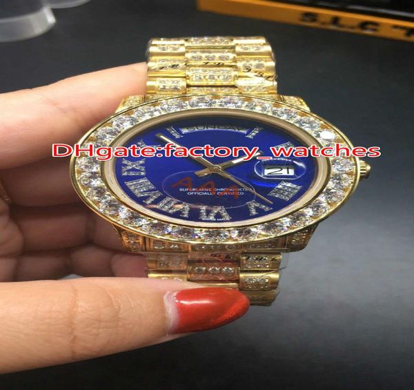 Orologio da uomo da uomo di lusso Big Diamonds Bezel Big Size 40mm Orologio da polso Hip Hop Rapper Full Iced Out Gold Case Blue Face Dial Automa3871327