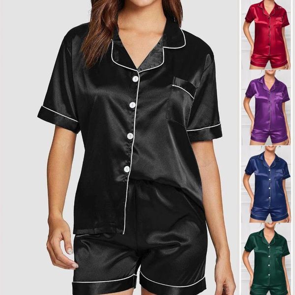 Heimkleidung Schwarze Kurzarm Shorts Pijamas Anzug Frühling Sommer weiblicher Pyjamas Set Nachtwäsche losen lässige Satin -Kleidung Lounge Kleidung