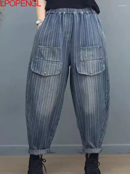 Jeans feminino Mulher moda moda listrada cintura elástica jeans de tornozelo de streetwear calça harém harém grandes bolsos grandes grandes