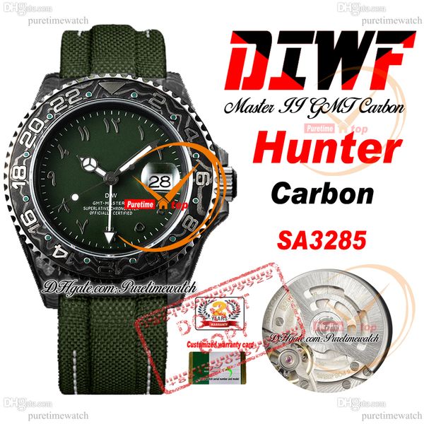 Carbon Hunter SA3285 Orologio da uomo automatico Diwf V2 Script arabo verde Nylon Strap Super Edition La stessa scheda seriale Puretime RELOJ HOMBRE MONTRE HOMMES PTRX F2