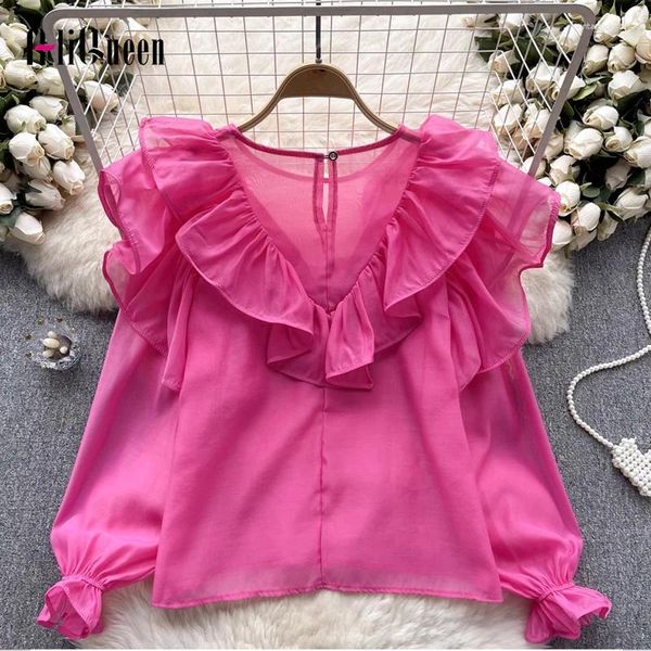 Blusas femininas elegantes vintage lixo rosa babados de retalhos de retalhos mulheres de verão longa lanterna o pescoço blusa y2k chiffon top blusas mujer