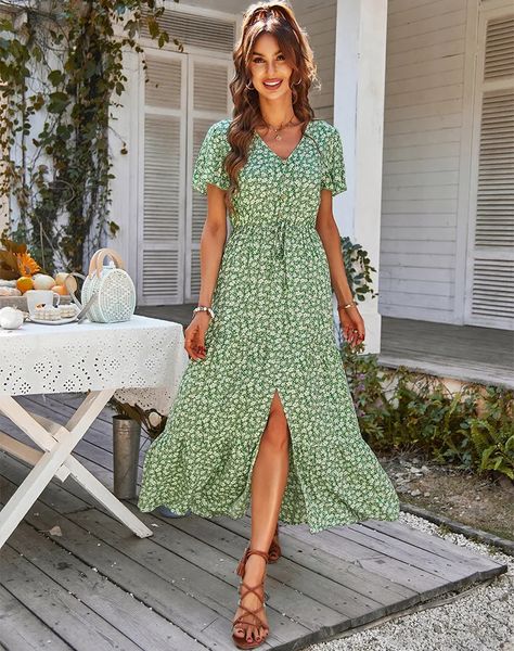 Ladies Vintage Long Blumendruck Sommerkleid Frauen losen lässiger Knopf Bohemian Beach Sundress Robe Vestidos weiblich 240329