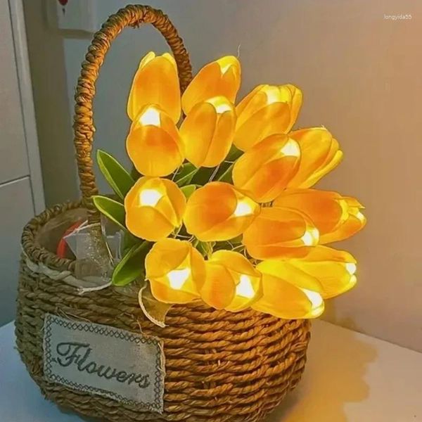 Vasos 10pcs Tulipas artificiais Flores com luminária de mesa leve LED Bouquet Night Gifts for Home Decoration Simulation