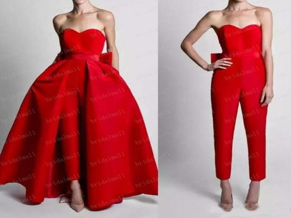 PLUS TAMANHO 2019 Vestidos de noite de cetim vermelho de cetim com saias destacáveis macacões para mulheres vestidos de festas formais com Big Bowk Pro8966373