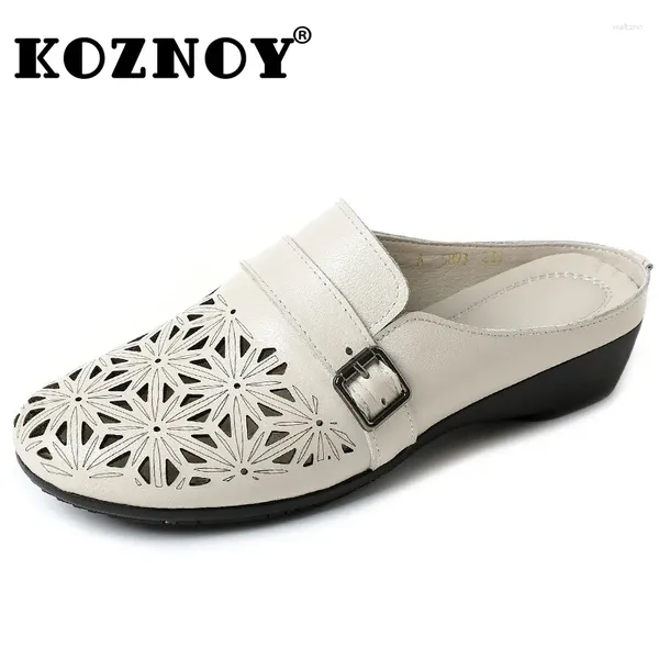 Slippers Koznoy 3cm Mulheres Moccassin Couro genuíno Soled Soled Flats étnicos de verão redondo de toe hollow slowers confortáveis sapatos oxfords