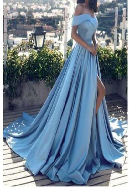 2019 Abiti da sera azzurro moderno arabo sexy fuori dalla spalla Abiti da ballo diviso in raso una linea elegante festa del ballo lungo 8376996