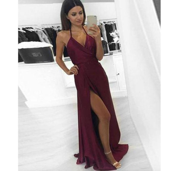 Halter Halter High gamce Aline Abiti da ballo a buon mercato Burgundy Simple sexy abito da festa lungo da notte abiti di laurea senza schienale Ballkleider3235277