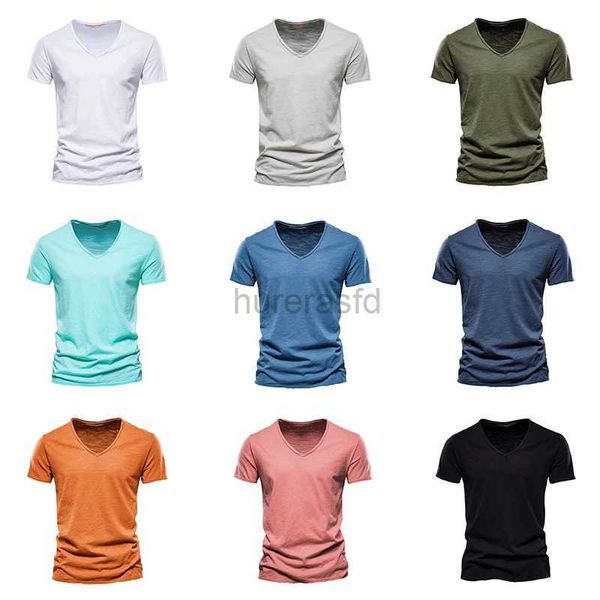 T-shirt da uomo 10 colori 100% Maglietta da uomo in cotone Design alla moda a V-Neck Slim Fit Soild Thirts Tops maschi Time magliette per maniche corte per uomini 2445