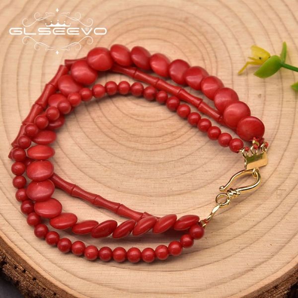 Bangles Gleseevo Natural Coral Multilayered Bracciale Charm WomanStyle Design fatto a mano Bracciale di compleanno Gioielli Bracciale GB0957