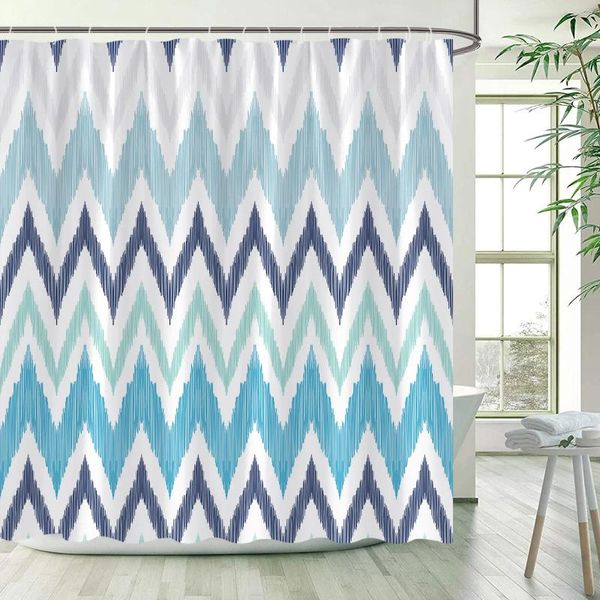 Duschvorhänge abstrakte Wellen gestreift moderne minimalistische blau weiße geometrische Badvorhang Polyester Stoff Badezimmer Dekor Haken