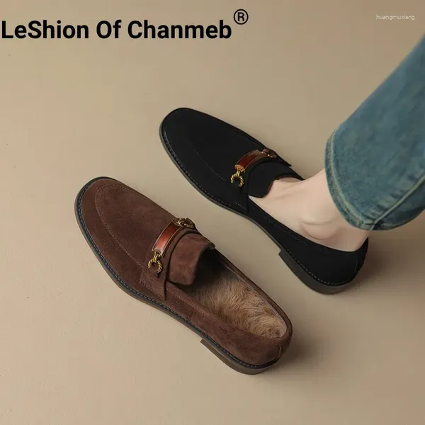 Повседневная обувь Leshion of Chanmeb Soft Kid Loster Loafers Женщины ретро-металлическая цепь настоящая мех внутри квартир Leisure Женщина 34-43