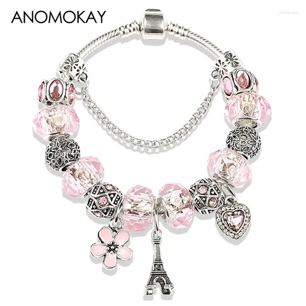 Braccialetti di fascino color argento eiffel torre pendenti bracciale bracciale branco di fiore di fiore di cristallo rosa bestiame