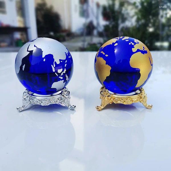 Figurine decorative da 6 cm Crystal Earth Ball con base di vetro Globe Sfera Feng Shui Crafts Casa Desta Ornamenti Creativi Regali creativi