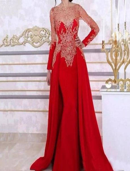 Long Sleeve Mermaid Evening Kleider mit abnehmbarem Rock Spitze Perlen Pailletten Red Arabic Kaftan Formal Frauen Abendkleid3470474