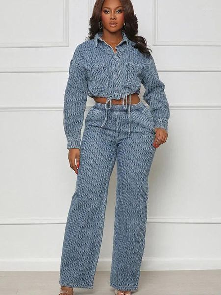 Damen zweisteuelhafte Hosen Vintage Denim Set Women Solid Long Sleeve Single Breasted Jacket Top und Wide Leg Jeans Club Geburtstag Outfits