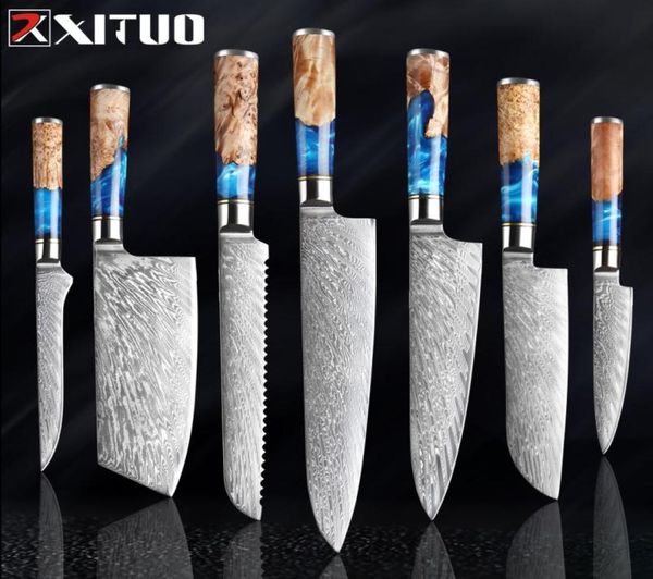 Xituo Kitchen Kinvesset Damascus Steel VG10 Chef Newaver Cleaver Caring Hread Нож СИНЕ Смола и цветовая деревянная ручка для приготовления