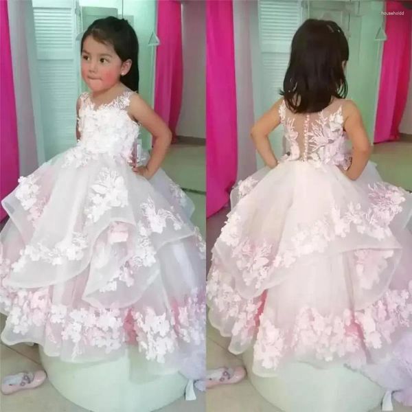 Kız Elbise Sevimli Pembe Katmanlı Etek Çiçek Düğün Dantel Aplike Küçük Bebek Pageant Cemaati Vaftiz Doğum Günü