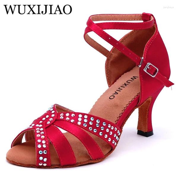 Scarpe da ballo wuxijiao vino rosso satina donna latina di salsa rinestone per donna danza del tallone da ballo 5 cm-10 cm