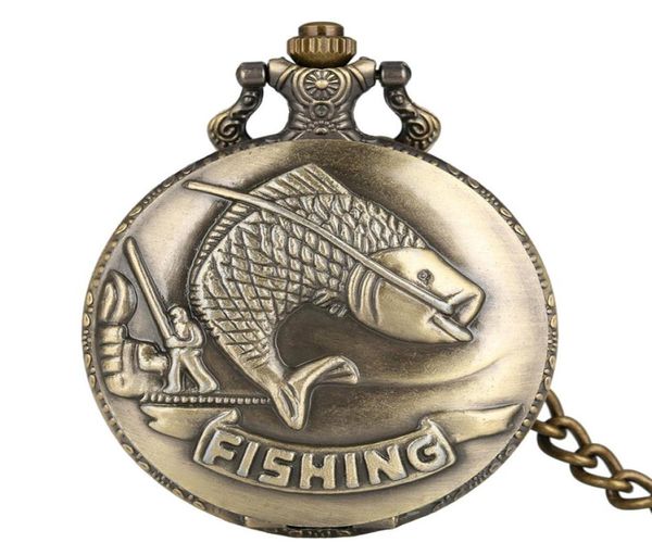 Vine Bronze Fishing Angling Design Quartz Pocket Pocket Watch for Men and Women Pingents Chain Gift Presente5031359