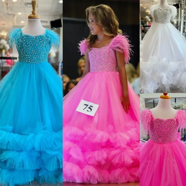 Elbiseler Bubblegum Girl Pageant Elbise 2024 Tüy Omuz Kristal Katmanlı Aqua Tül Küçük Çocuk Eğlenceli Moda Pist Draması Kokteyl Partisi