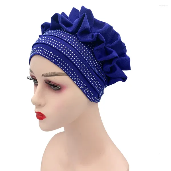 Ethnische Kleidung glänzende Diamanten Damen Turban Mütze Rüschen Blume Falten Kopf Wrap