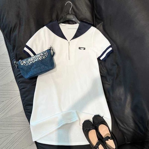Vestidos casuais básicos Marca de designer 2023 verão novo contraste branco zíper da marinha letra de xale de pescoço decorativo vestido de manga curta cxpz