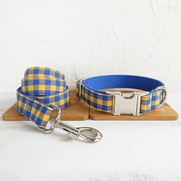 Hundekragen Personalisierte blau gelbe Plaidkragen Leine Set Nylon Haustier frei graviert