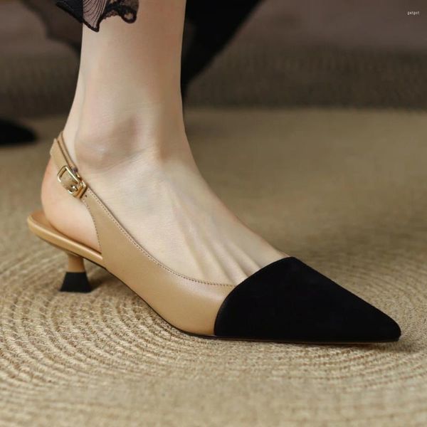 Vestido sapatos mais tamanho 34-42 feminino de couro genuíno slingback sling-o-gatinho bombas de salto de gatinho apontadas de pé elegante e elegante salto diário sh sh