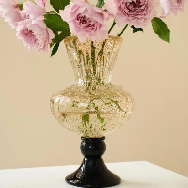 Vasos Garrafa de flor de vidro dourado de vidro alto Retro retro decorativo francês Avançado Vaso de luxo de luxo Decoração de mesa de luxo