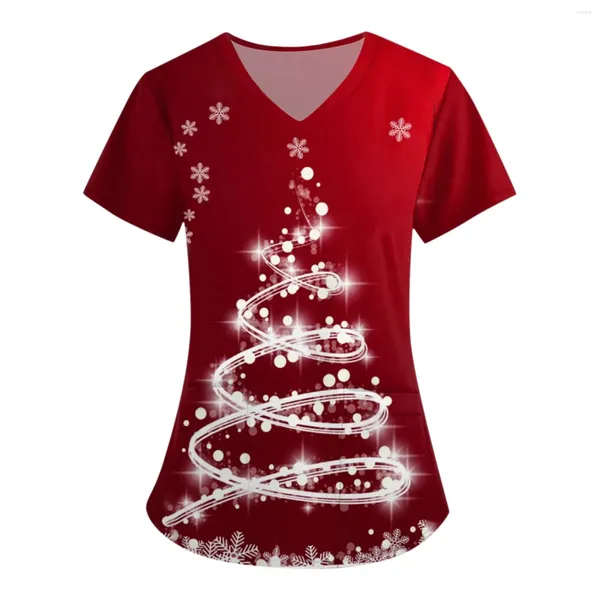 Kadın Tişörtleri Noel Hemşireliği Scrubs T-shirt Üstler Sıradan Kısa Kol V Yez Cep Kadın Üniformaları Giyim S-2XL