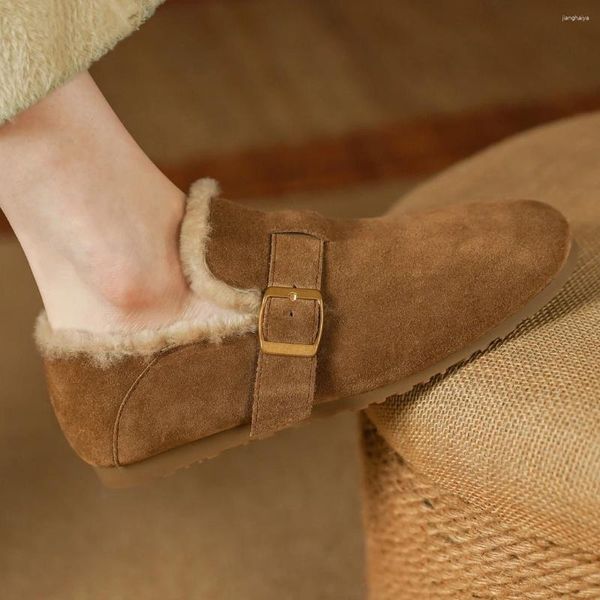 Scarpe casual lana in pelle in pelle scamosciata naturale femminile all'interno di pignoli slip-on phaoafer rotondi con fibbia in metallo mocsine invernali femminile