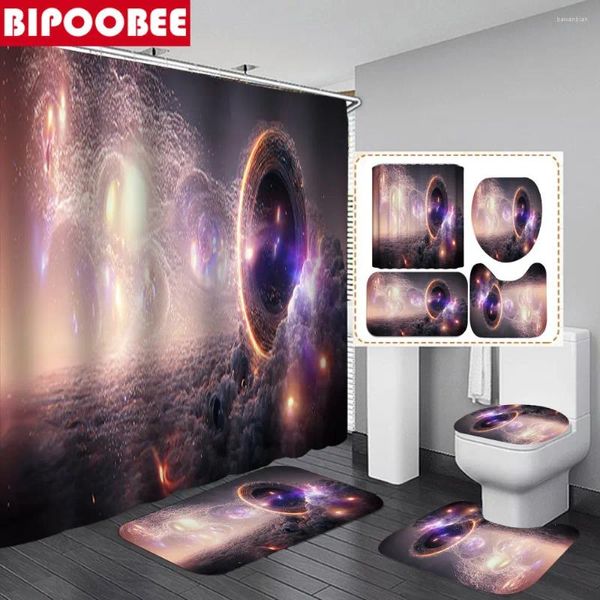 Cortinas de chuveiro universo estrelado 3D Banheiro de cortina de tecido de poliéster conjunto com tapetes de banho tapetes de pedestal tampa do assento do banheiro