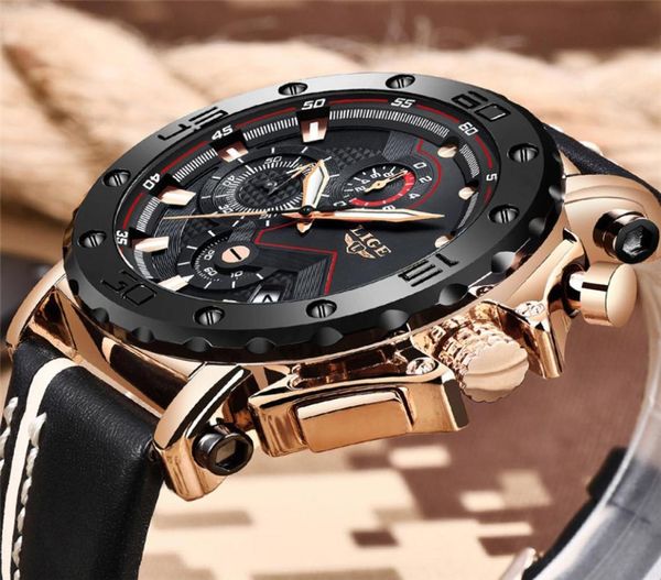 Lige Herren Uhren Top -Marken Luxus Military Sport Watch Männer Schwarz Leder Analog Quarz Uhr Waterdes Relogio Maskulinobox Y194330413