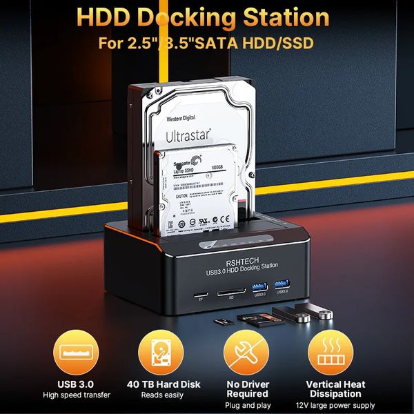 RSHTECH DRIVE DRIVE STAZIONE SATA a USB 3.0 Dual Bay Adapter con SD/TF per 2,5/3.5 Clone clone offline HDD SSD 240322