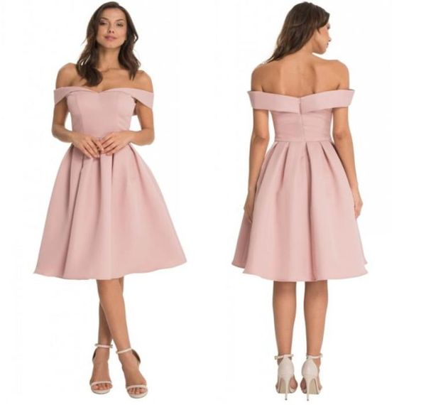 Fora do ombro, vestidos de baile blush rosa plissado na altura do joelho cetim sem costas de cocktail vestidos de noite simples dama de honra